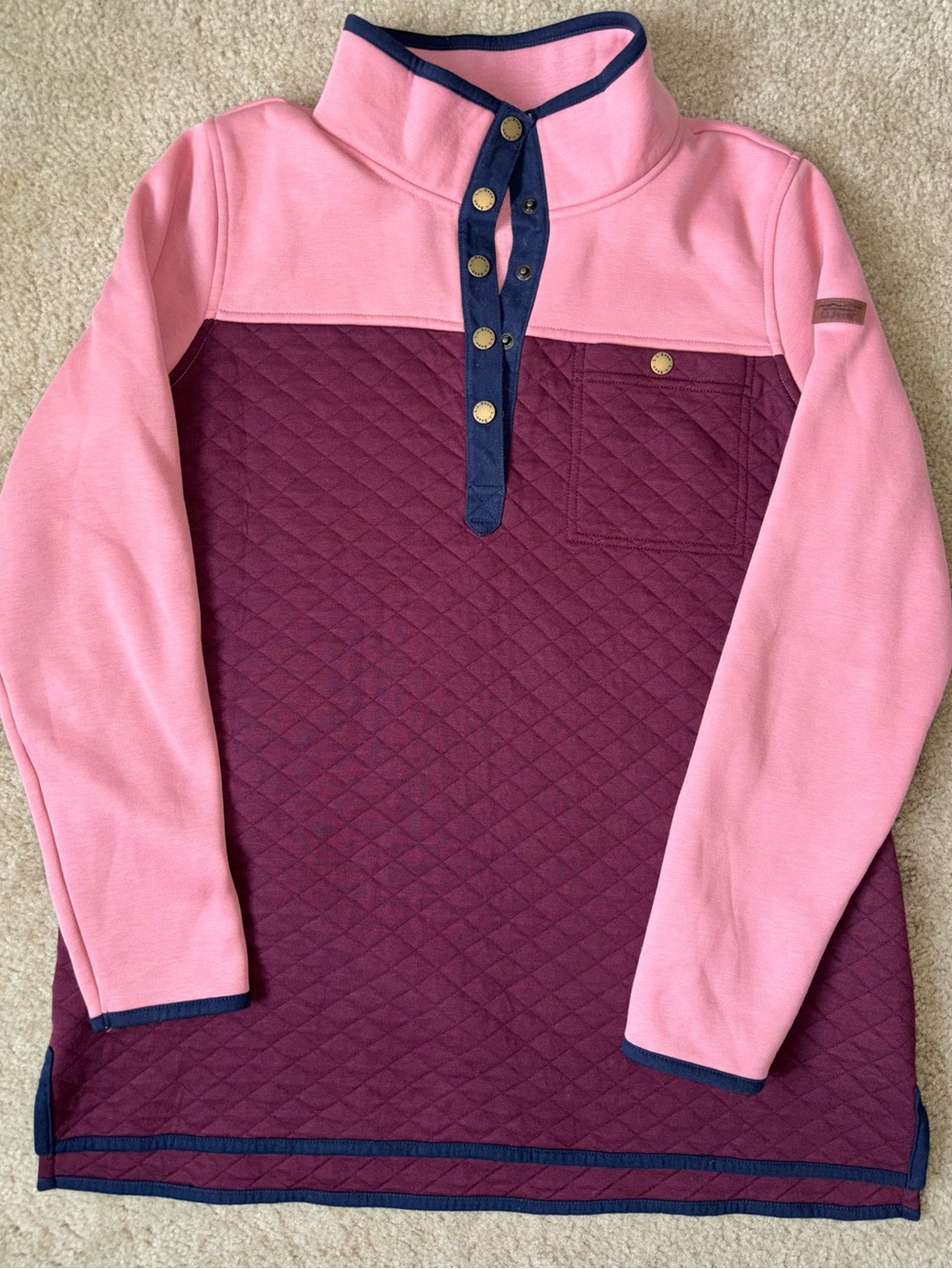 L.L. Bean Pink and Burgundy Quilted Snap-Placket Pullover